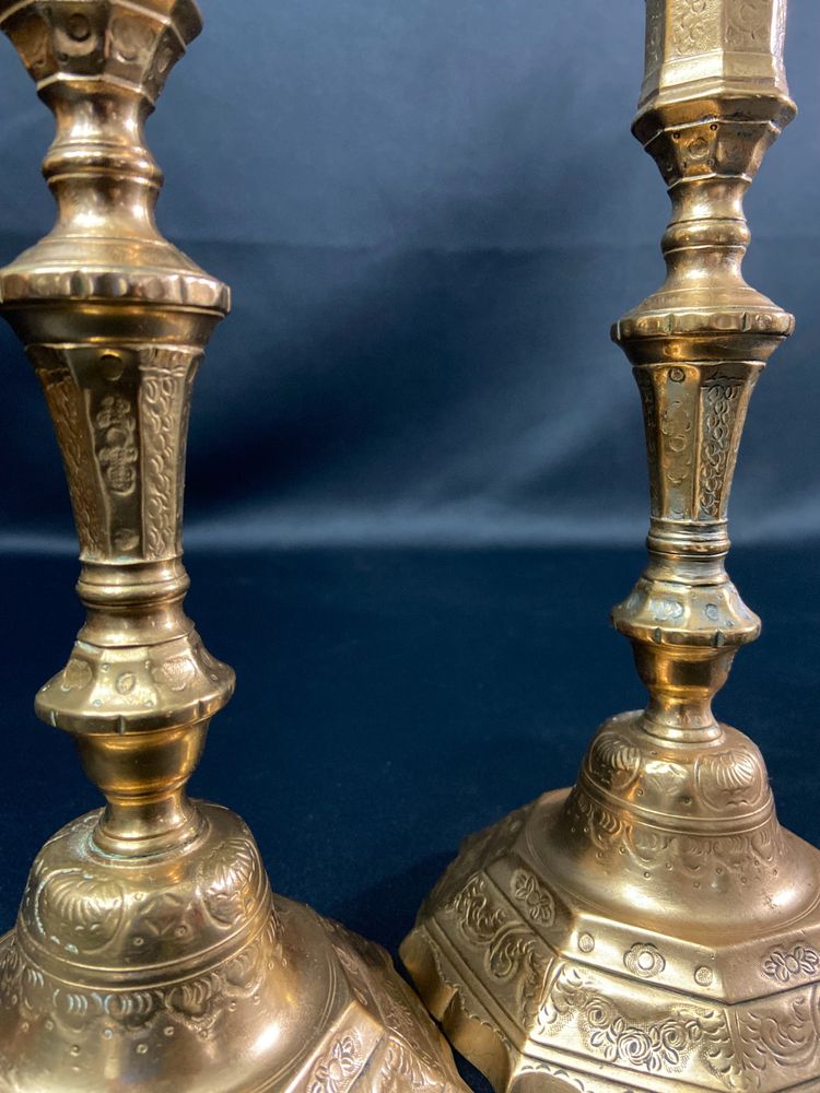 Pair of brass candlesticks with chased decoration 18th Regency period
