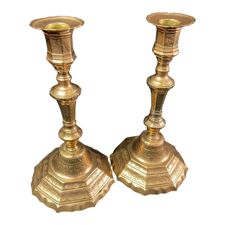 Pair of brass candlesticks with chased decoration 18th Regency period