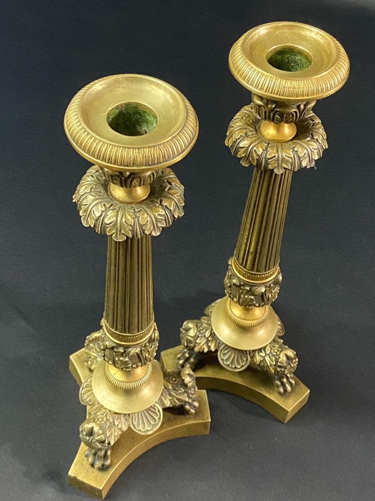 Pair of Restauration-period gilt bronze and chased candlestick torches