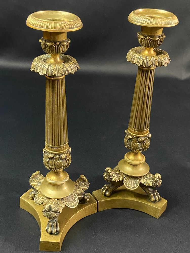 Pair of Restauration-period gilt bronze and chased candlestick torches