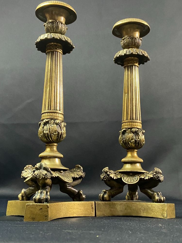 Pair of Restauration-period gilt bronze and chased candlestick torches