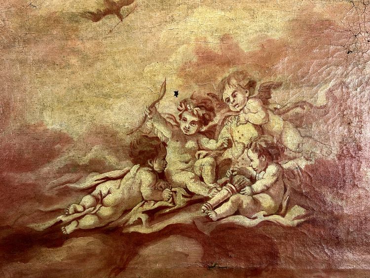 DIPINTO DI FALEGNAMERIA / PIANO DELLA PORTA / OLIO SU TELA CON DECORAZIONE DI PUTTI