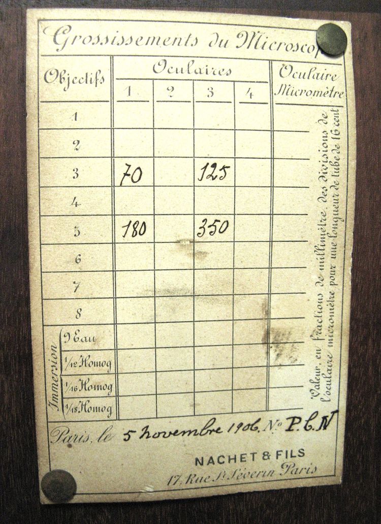 Microscopio Nachet Parigi 1906. Nella sua custodia in mogano, con ottica.