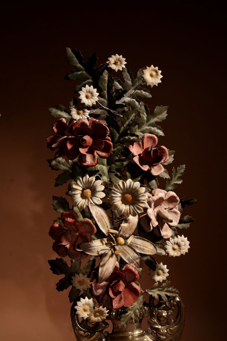 Highly decorative Italian flower vases in sheet metal and brass, circa 1850-1870