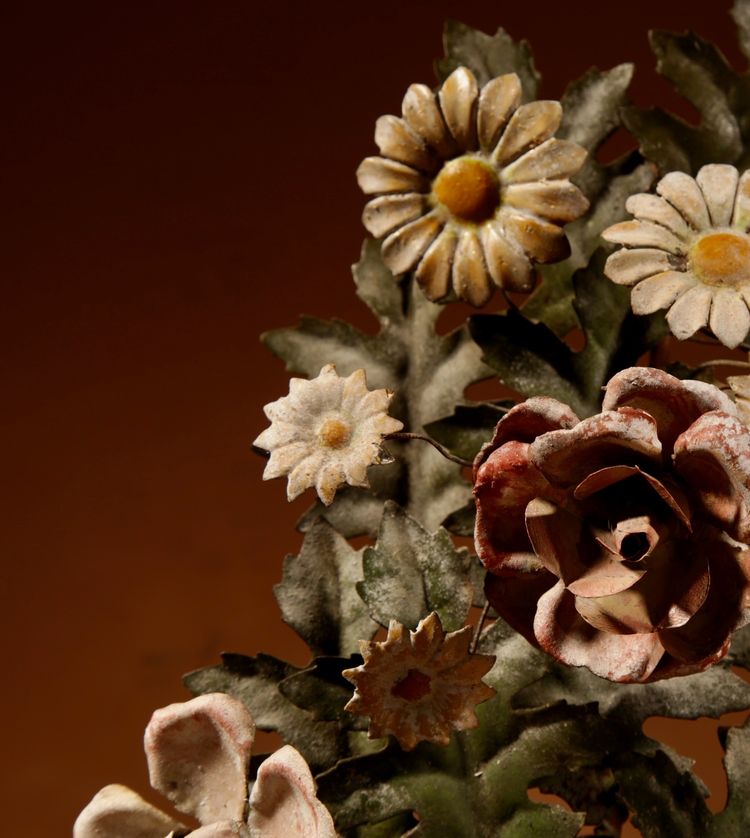 Highly decorative Italian flower vases in sheet metal and brass, circa 1850-1870