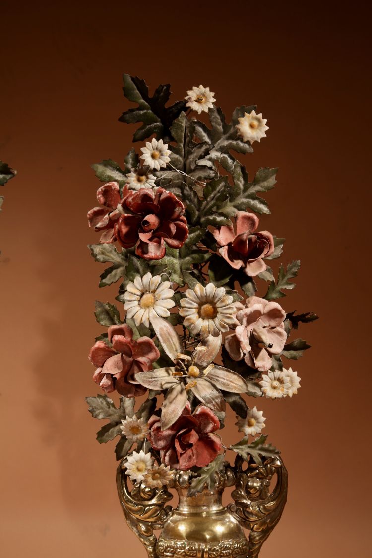 Highly decorative Italian flower vases in sheet metal and brass, circa 1850-1870