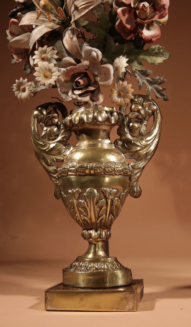 Highly decorative Italian flower vases in sheet metal and brass, circa 1850-1870
