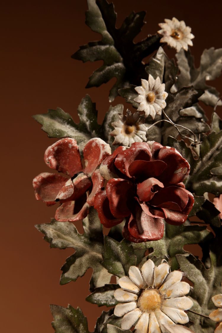 Highly decorative Italian flower vases in sheet metal and brass, circa 1850-1870