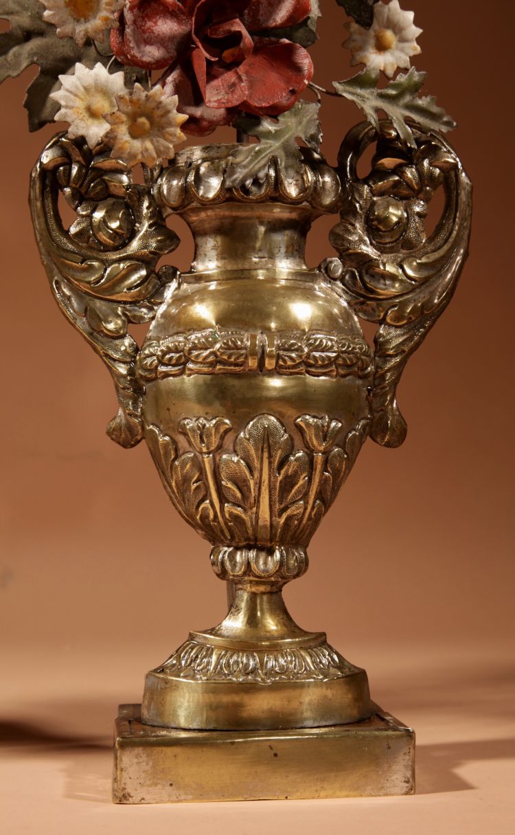 Highly decorative Italian flower vases in sheet metal and brass, circa 1850-1870