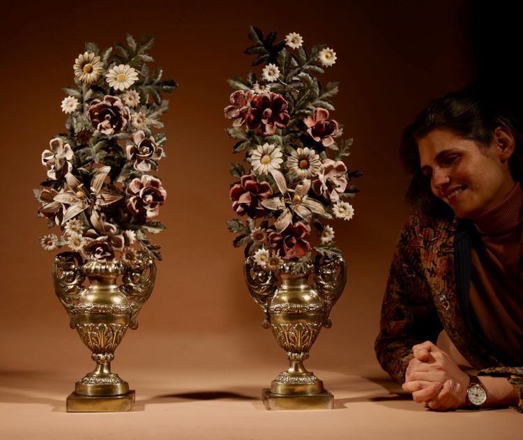 Highly decorative Italian flower vases in sheet metal and brass, circa 1850-1870
