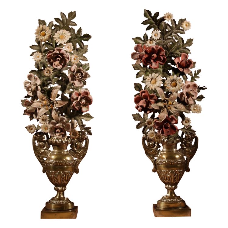 Highly decorative Italian flower vases in sheet metal and brass, circa 1850-1870