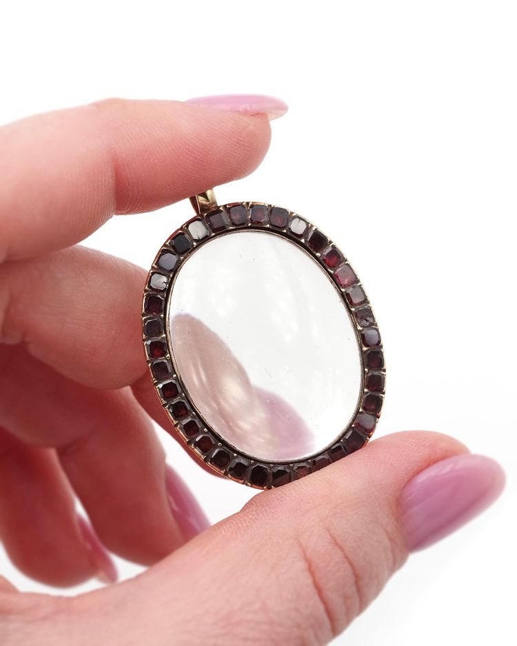 Pendentif loupe grenats en argent et or 18k, loupe ancienne, bijou anglais, médaillon loupe