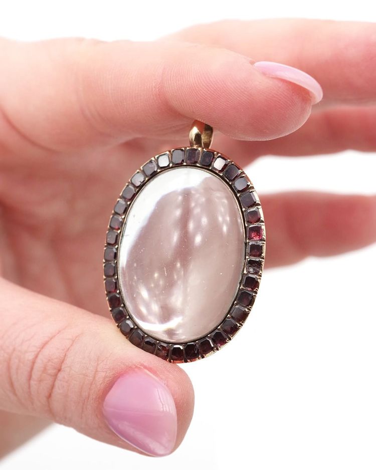 Pendentif loupe grenats en argent et or 18k, loupe ancienne, bijou anglais, médaillon loupe