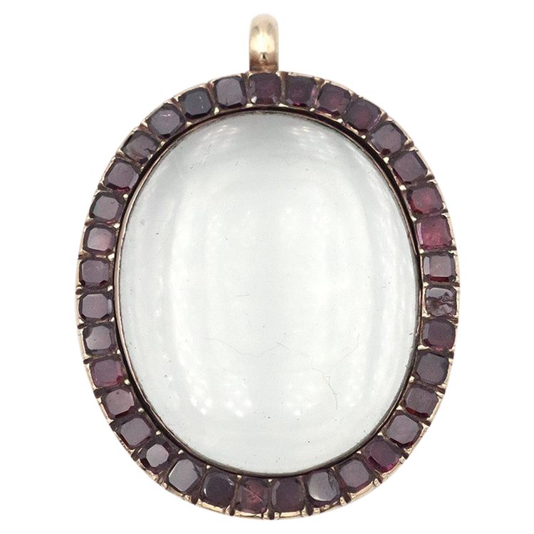 Pendentif loupe grenats en argent et or 18k, loupe ancienne, bijou anglais, médaillon loupe