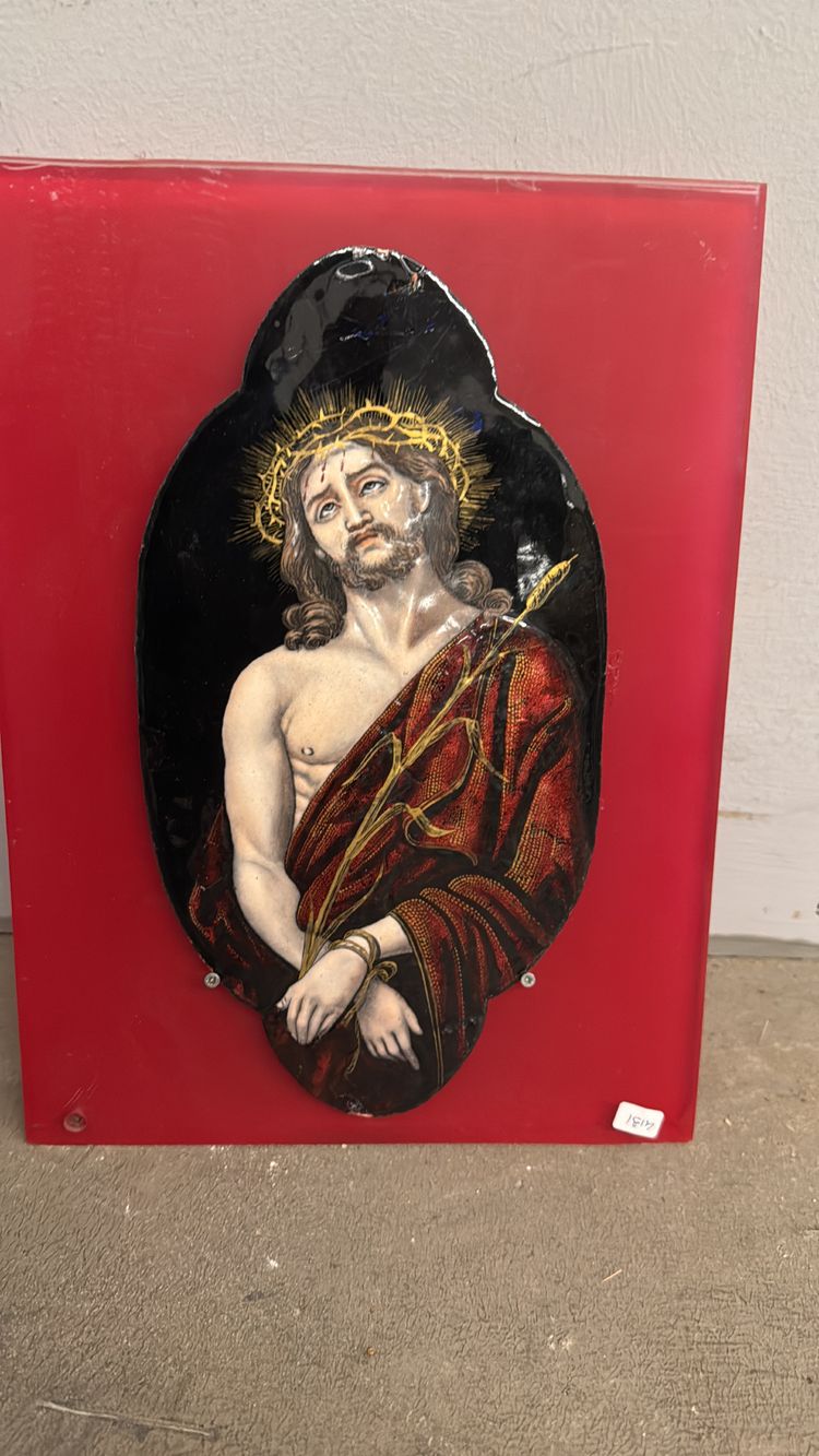 Antica placca metà '800 dipinta smalto Limoges raffigurante Cristo 28x15cm