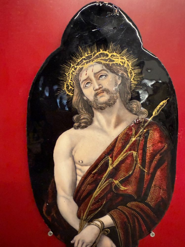 Antica placca metà '800 dipinta smalto Limoges raffigurante Cristo 28x15cm