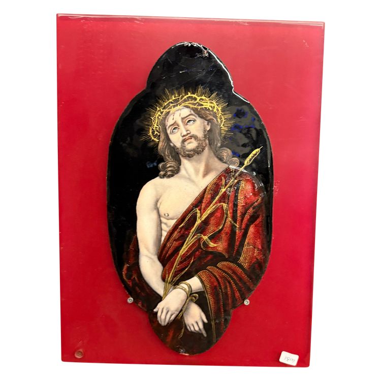 Antica placca metà '800 dipinta smalto Limoges raffigurante Cristo 28x15cm