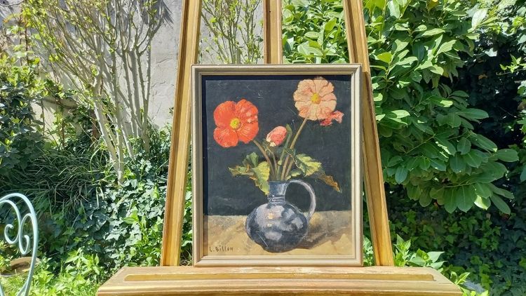 Olio su legno fiori in un vaso