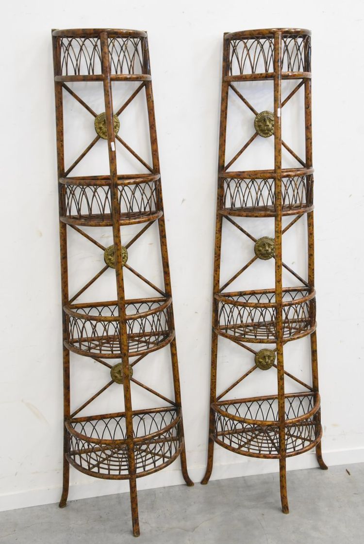 Antique Pair of Bamboo Shelves, Gilded Metal Medallions Circa 1950