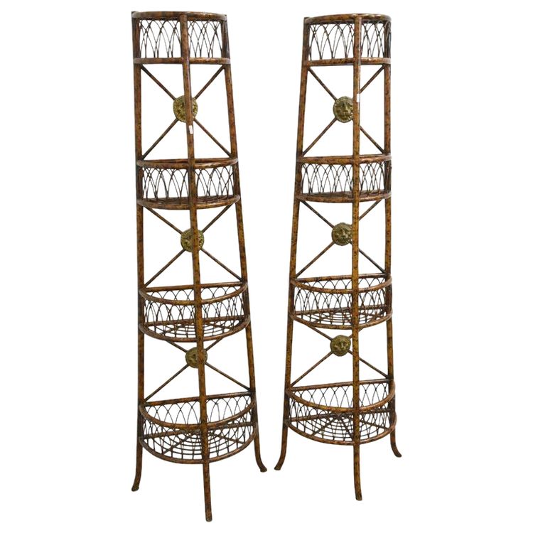 Antique Pair of Bamboo Shelves, Gilded Metal Medallions Circa 1950