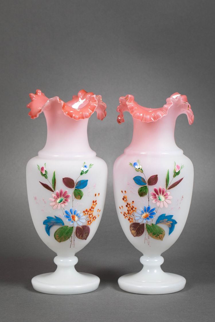 A pair of white and pink opaline vases, early 20th century