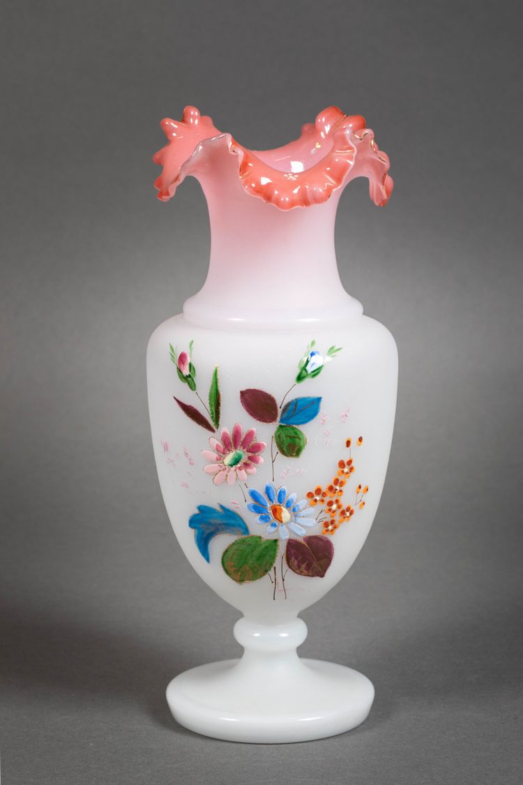 A pair of white and pink opaline vases, early 20th century