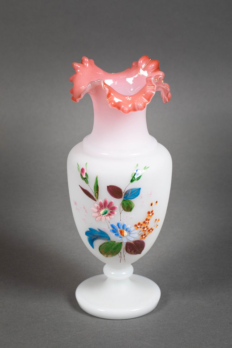 A pair of white and pink opaline vases, early 20th century