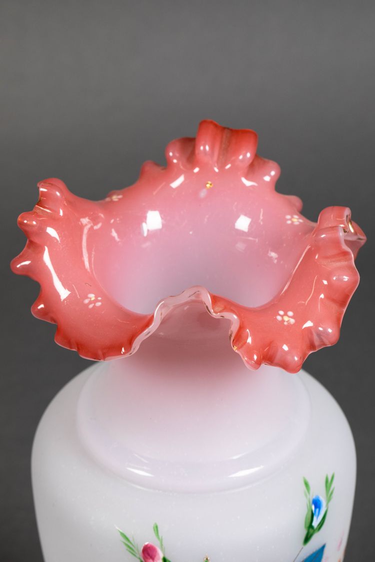 A pair of white and pink opaline vases, early 20th century