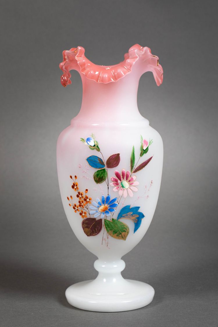 A pair of white and pink opaline vases, early 20th century