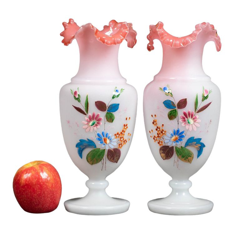 A pair of white and pink opaline vases, early 20th century