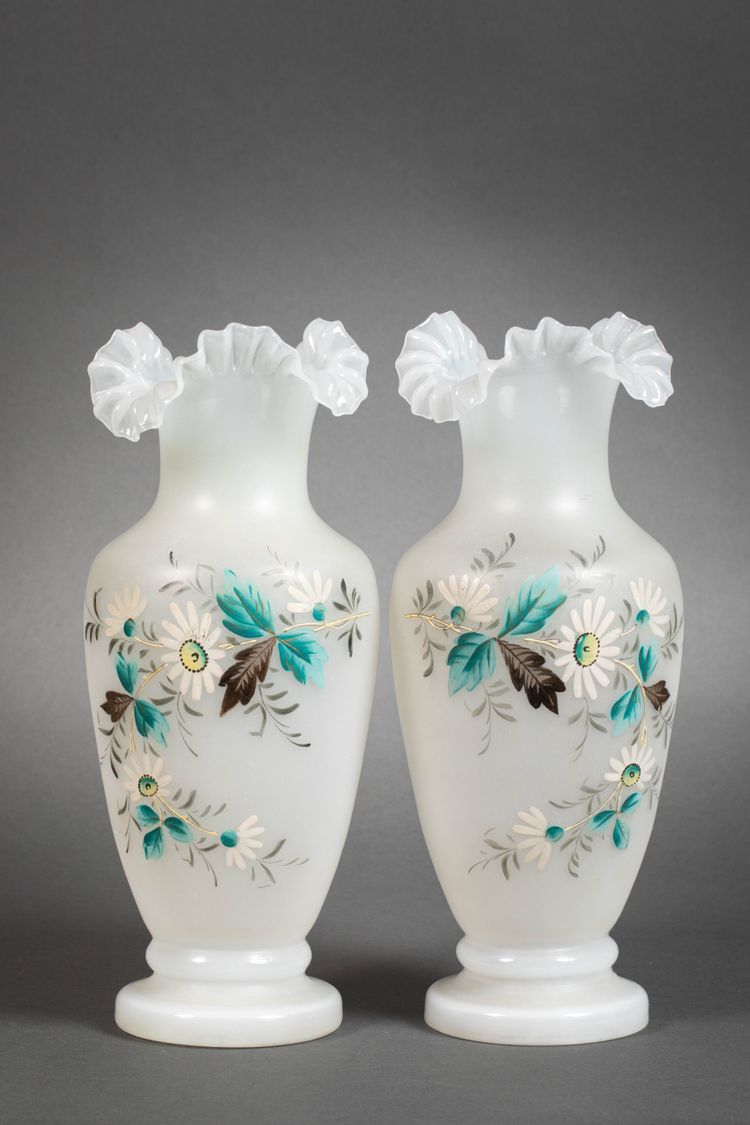 A pair of white and blue opaline vases, early 20th century