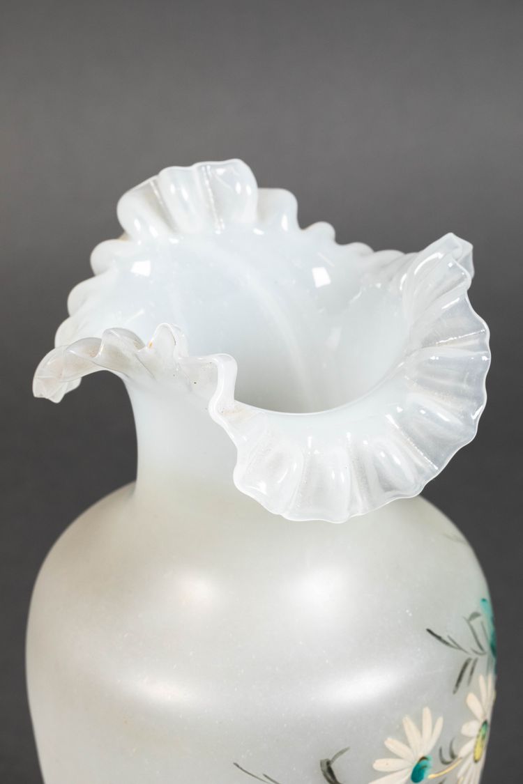 A pair of white and blue opaline vases, early 20th century