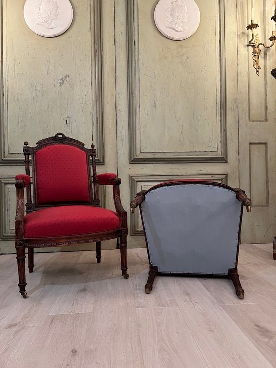 Coppia di poltrone in stile Luigi XVI modellate e intagliate 19° secolo