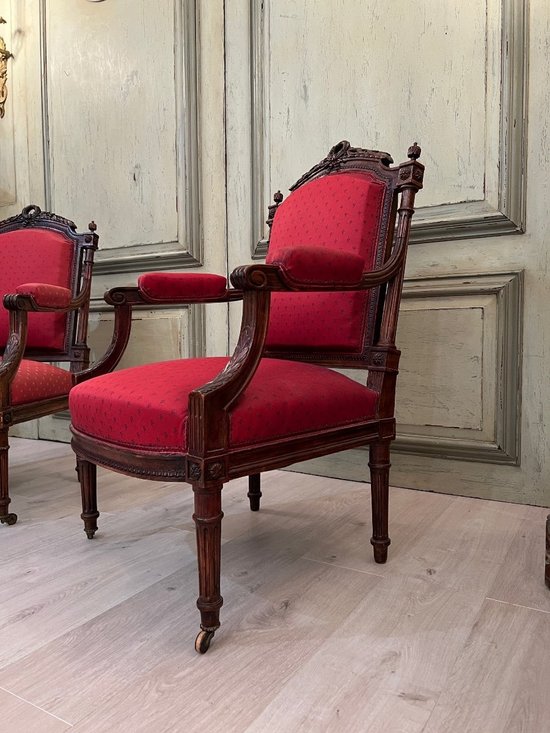 Coppia di poltrone in stile Luigi XVI modellate e intagliate 19° secolo