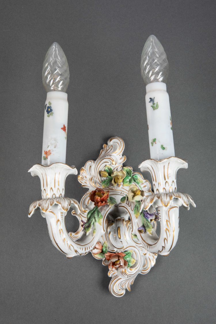 A pair of Louis XV style porcelain sconces, late 19th century