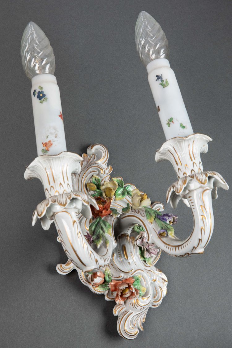 A pair of Louis XV style porcelain sconces, late 19th century