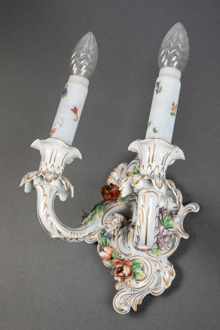 A pair of Louis XV style porcelain sconces, late 19th century