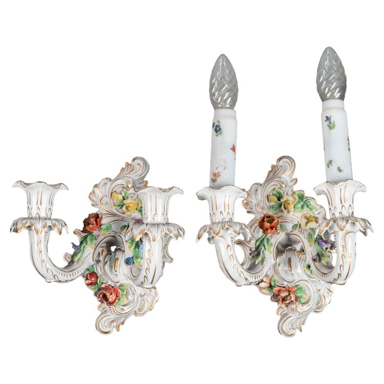 A pair of Louis XV style porcelain sconces, late 19th century