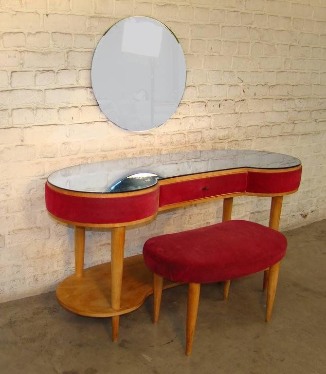 Dressing Table and Stool in Sycamore, Velvet and Blue Mirror, Italy Circa 1950/1960