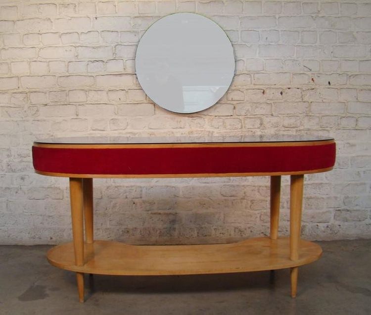 Dressing Table and Stool in Sycamore, Velvet and Blue Mirror, Italy Circa 1950/1960