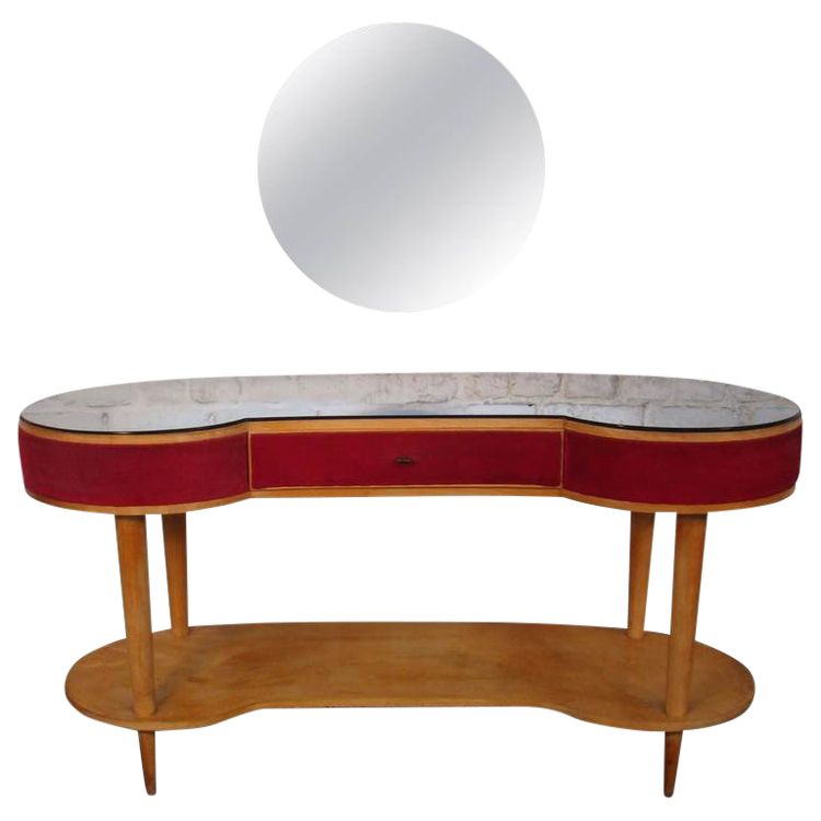 Dressing Table and Stool in Sycamore, Velvet and Blue Mirror, Italy Circa 1950/1960