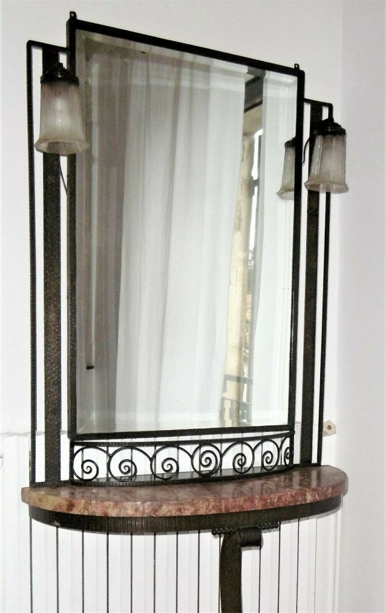 Art Deco Hammered Iron Console With Mirror Circa 1930