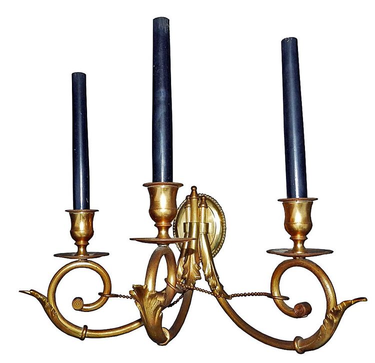 Paire Appliques Bronze Doré 3 Lumières Néo Classique 1950