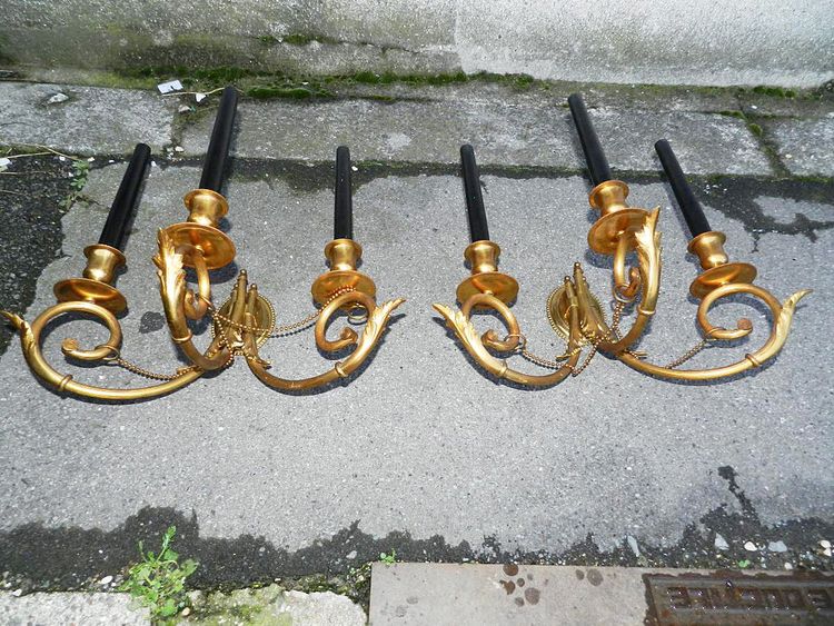 Paire Appliques Bronze Doré 3 Lumières Néo Classique 1950