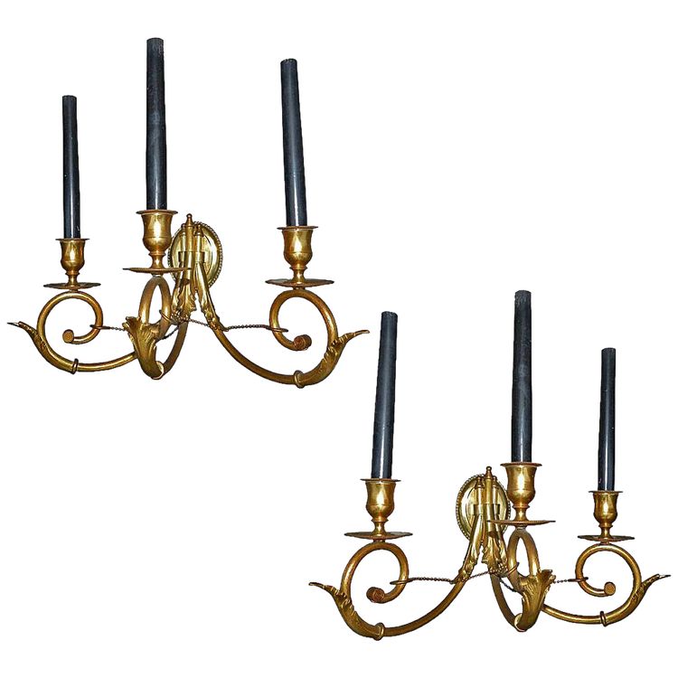 Paire Appliques Bronze Doré 3 Lumières Néo Classique 1950