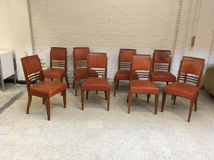 Rare Suite Of 9 Mahogany And Leather Art Deco Chairs And 2 Armchairs Circa 1940