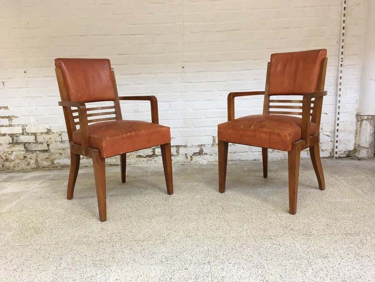 Rare Suite Of 9 Mahogany And Leather Art Deco Chairs And 2 Armchairs Circa 1940