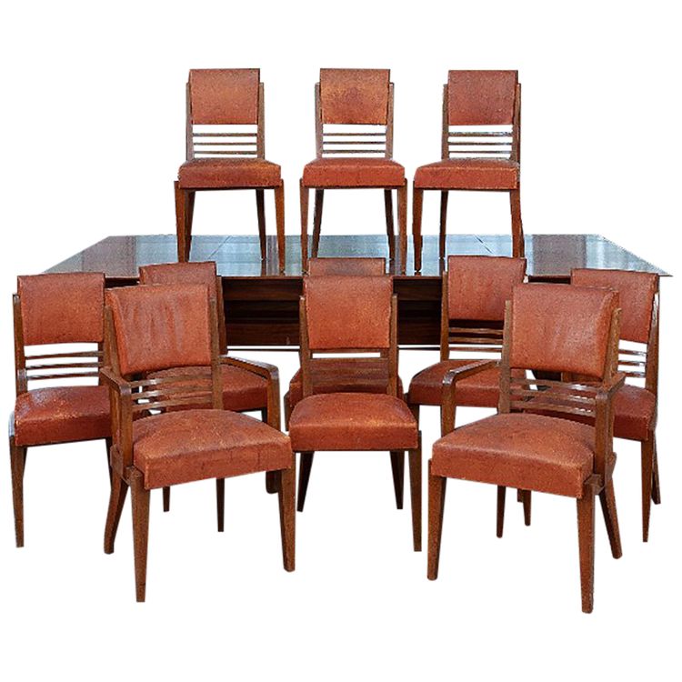Rare Suite Of 9 Mahogany And Leather Art Deco Chairs And 2 Armchairs Circa 1940