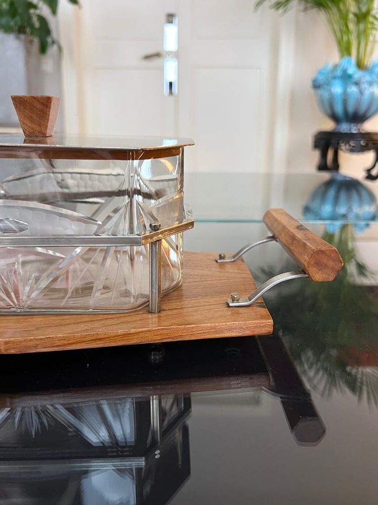 Glass Biscuit Box - Wood and Metal Tray - Art Deco Biscuit Maker