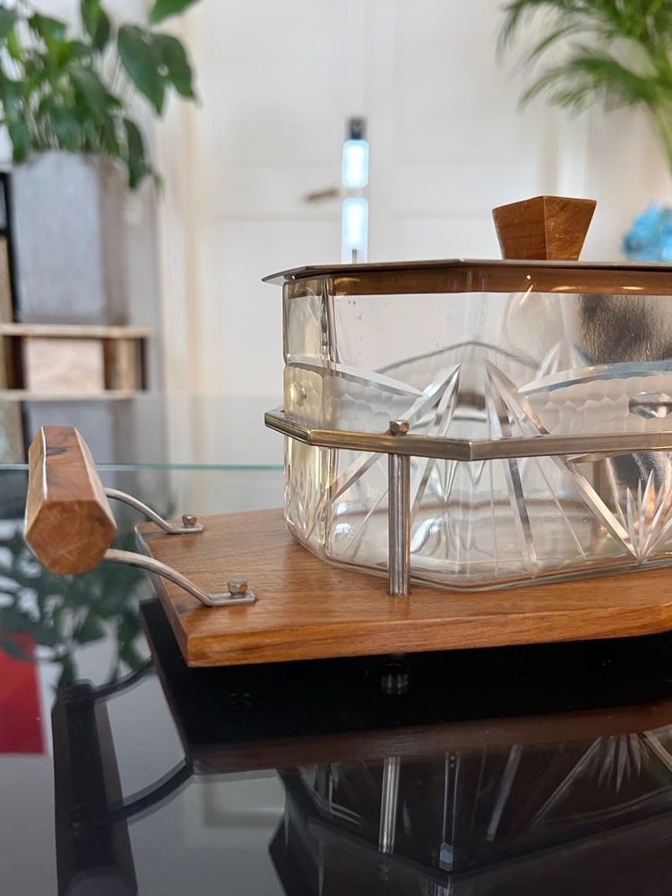 Glass Biscuit Box - Wood and Metal Tray - Art Deco Biscuit Maker
